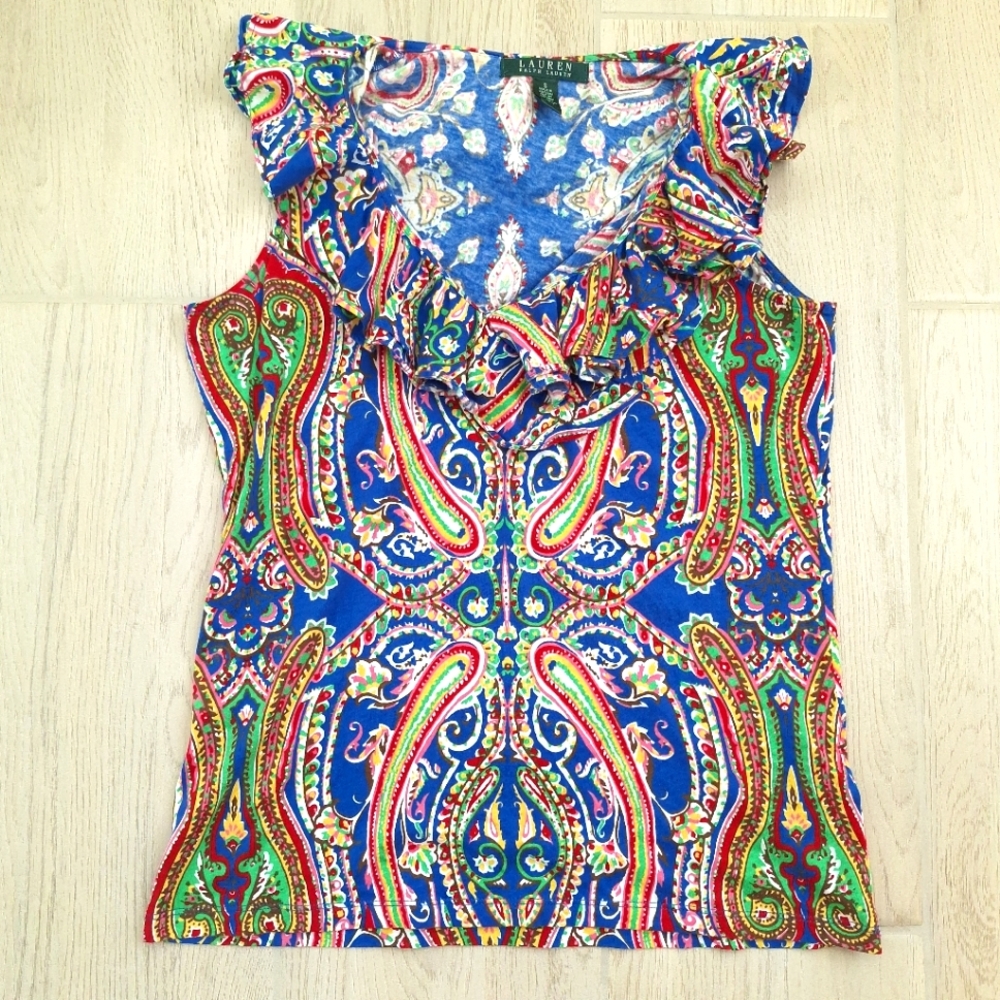 Lauren Ralph Lauren Women's Ruffle V-neck Paisley Print Sleeveless Shirt - Small